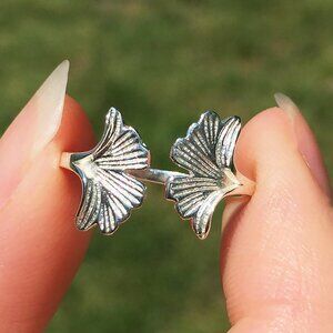 Real Sterling Silver Modernist Ginkgo Leaf Adjustable Stacking Ring Stamped 925